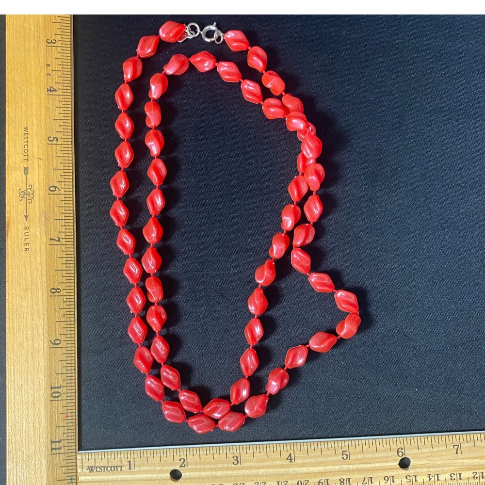 Red Beaded Necklace Strand of 46 Beads Costume Jewelry